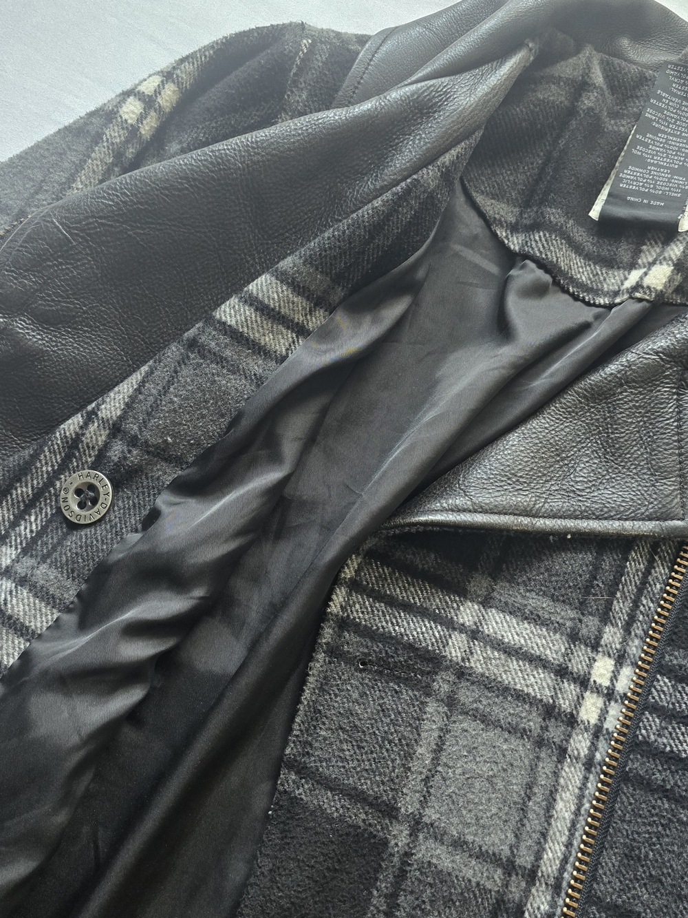 Harley-Davidson Black & Gray Plaid Pea Coat with Leather Collar - Picture 5 of 10